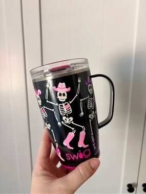 Swig Black Travel Mug with Pink & Purple Skeleton Design and Handle